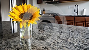 a sunflower in a vase sitting on a counter top next to a sink and stove top in a kitchen with brown cabinets and counters