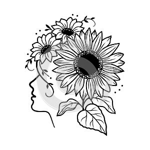 Sunflower vector. Silhouette of a girl face and a wreath of sunflowers on her head. Black and white illustration for