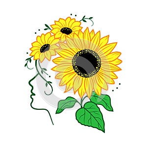Sunflower vector, Woman face silhouette and sunflowers. Colorful print for t-shirt, card, poster, vector illustration