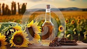 Sunflower vegetable oil with black seed kernels and flower vegetarian dressing for salads and cooking and frying.