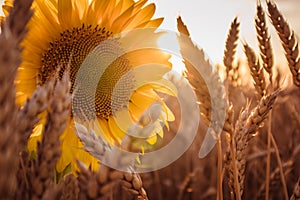 Sunflower with wheat at sunset
