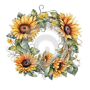 Sunflower wreath watercolor generative AI illustrations