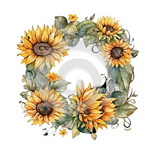 Sunflower wreath watercolor generative AI illustrations