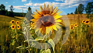 Sunflower, yellow flower, meadow, green landscape, vibrant sunset over land generated by AI