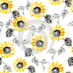 Sunflowers and ants, Chinese painting on rice paper, seamless pattern