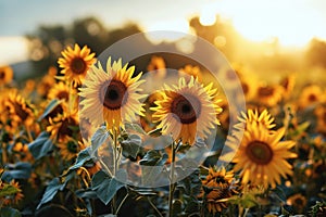 Sunflowers bloom brightly against a sunset backdrop