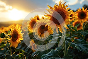 Sunflowers bloom brightly against a sunset backdrop