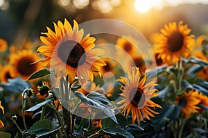 Sunflowers bloom brightly against a sunset backdrop