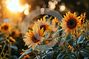 Sunflowers bloom brightly against a sunset backdrop