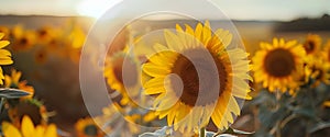 Sunflowers blooming in the rice fields, beautiful scenery, summer scenery, freshness.Generative AI photo