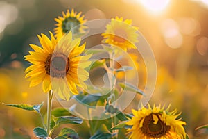 Sunflowers blooming in the rice fields, beautiful scenery, summer scenery, freshness.Generative AI photo