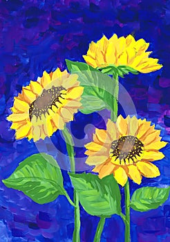 Sunflowers on a blue background. Children`s drawing