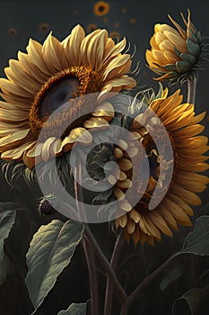 Sunflowers on a dark background. Illustration for design.