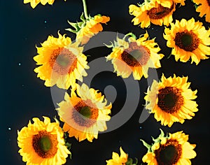 Sunflowers with drops of water on a dark background, fall, autumn, Background, poster or postcard, AI Generation