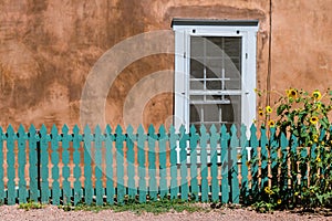 Sunflowers and fence in front of window and adobe wall in Santa Fe, NM