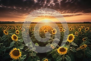 Sunflowers a field at dramatic sunseton the background of setting sun and cloudy sky