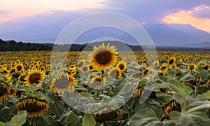 Sunflowers field at sunset in the summer at Roppolo and Viverone lake, Biella and Vercelli, Piedmont, Italy