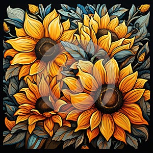 Sunflowers Floral Pattern Retro Flowers Wallpaper Vintage Nature Painting Garden Plants Textile Cottagecore Fashion Design photo