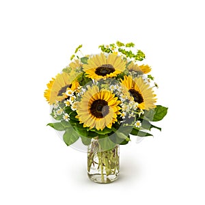 Sunflowers Flower Arrangement bouquet in a Mason Jar Vase - Summer or Autumn - Isolated on White Space Background - Florist