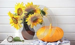 Sunflowers in a jug. a bouquet of flowers