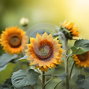 Sunflowers in macro focus on soft garden background