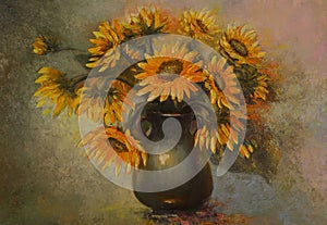 Sunflowers oil painting on canvas. Abstract still life of sunflowers in a vase. A bouquet of yellow flowers