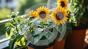 Sunflowers in Pots on a Balcony