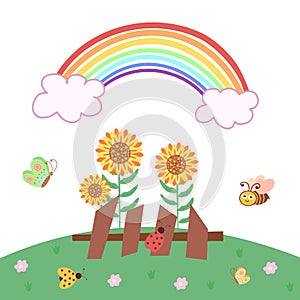 Sunflowers and rainbow, summer landscape, butterfly. bee and ladybugs. Vector Illustration for printing, background, greeting card