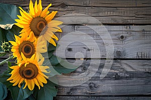 sunflowers on rustic wooden background many wooden slats