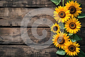 sunflowers on rustic wooden background many wooden slats