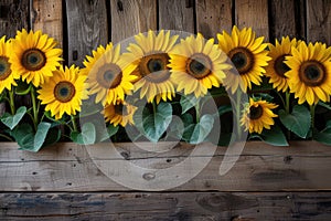 sunflowers on rustic wooden background many wooden slats