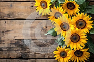 sunflowers on rustic wooden background many wooden slats