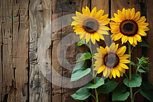 sunflowers on rustic wooden background many wooden slats