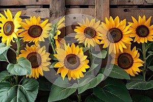 sunflowers on rustic wooden background many wooden slats