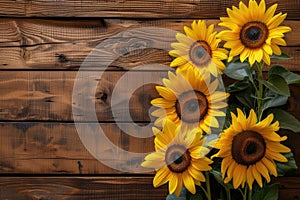 sunflowers on rustic wooden background many wooden slats