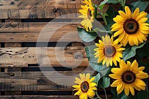 sunflowers on rustic wooden background many wooden slats