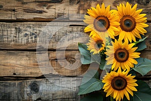 sunflowers on rustic wooden background many wooden slats