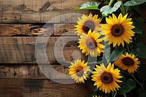 sunflowers on rustic wooden background many wooden slats