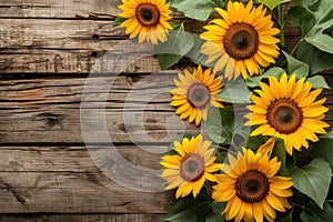 sunflowers on rustic wooden background many wooden slats