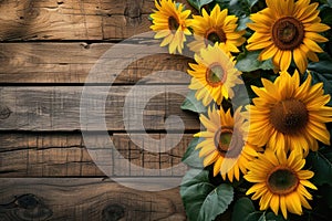 sunflowers on rustic wooden background many wooden slats