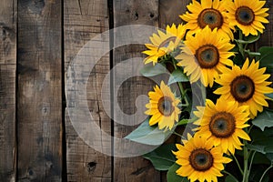 sunflowers on rustic wooden background many wooden slats