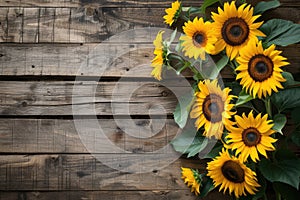 sunflowers on rustic wooden background many wooden slats