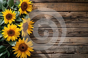 sunflowers on rustic wooden background many wooden slats