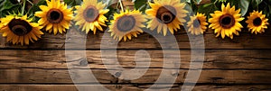 sunflowers on rustic wooden background many wooden slats