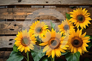 sunflowers on rustic wooden background many wooden slats