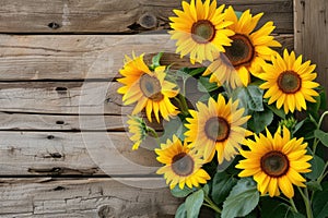 sunflowers on rustic wooden background many wooden slats