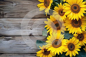 sunflowers on rustic wooden background many wooden slats