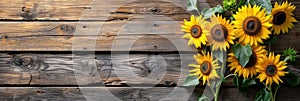 sunflowers on rustic wooden background many wooden slats