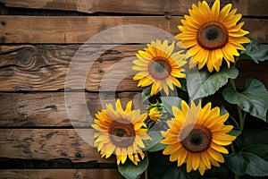 sunflowers on rustic wooden background many wooden slats