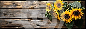 sunflowers on rustic wooden background many wooden slats